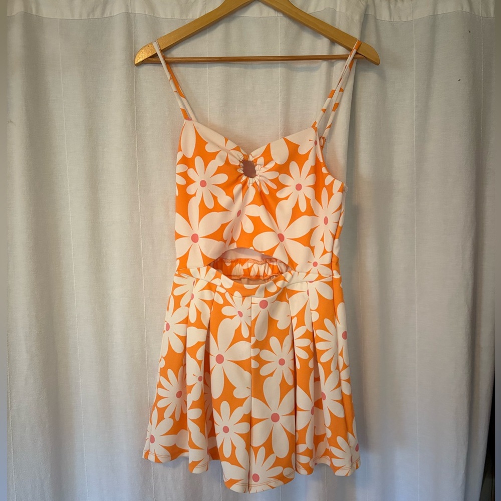 Y2K Retro Orange Daisy Floral Cut Out Playsuit Romper